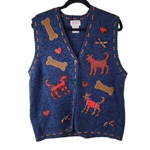 PBJ Sport size L knit vest Holidays blue Plaid dogs hearts bones